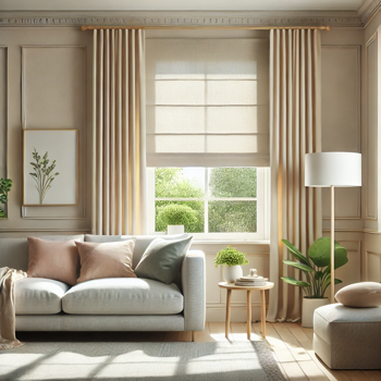 DALL·E 2024 10 07 22.02.20 A Cozy Living Room With A Large Window, Featuring A Light Beige Blind That Covers 75% Of The Window. The Rest Of The Room Has A Neutral Color Palette