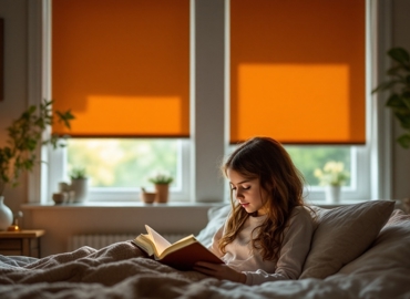Girl Reading In Bedroom With Orange Roller Blindsjpeg