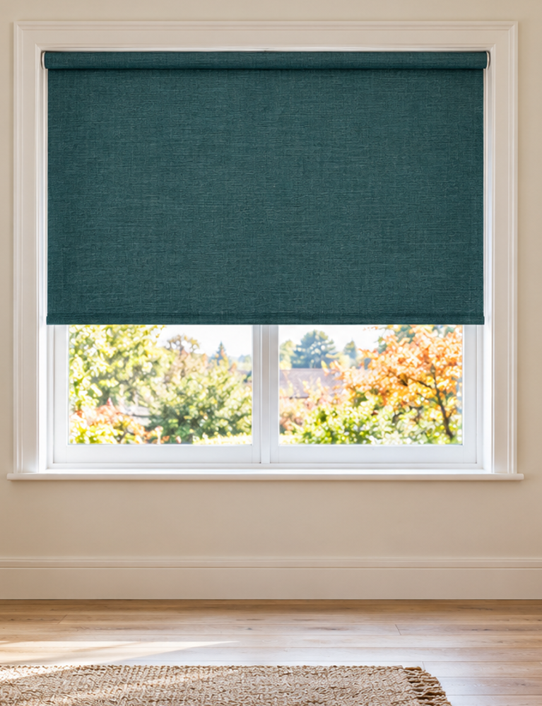 Bright British Room With Teal Roller Blind