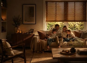 Family Relaxing At Home Beneath Made To Measure Wooden Venetian Blinds