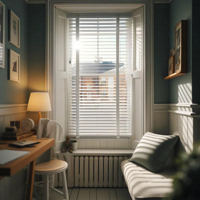 DALL·E 2024 05 15 12.47.05 An Image Of Modern White Venetian Blinds With 50Mm Slats Installed On A Small Sash Window In A Cozy Room Setting. The Blinds Are Depicted Partially Cl