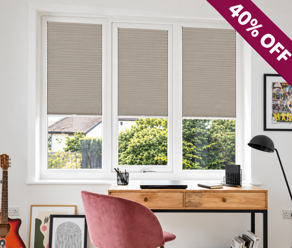 Three Taupe Perfect Fit Honeycomb Blinds In Bright Office (1)