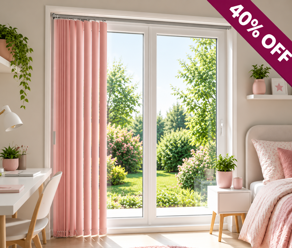 Pink Vertical Blinds In A Sunlit Bedroom