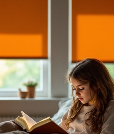 Girl Reading In Bedroom With Orange Roller Blindsjpeg 2000 X 1040 Px